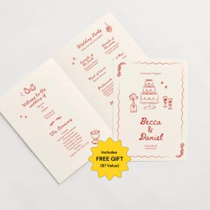 Geïllustreerde bruiloft programmasjabloon handgetekende grillige ceremoniekaart moderne boho orde van dienst gevouwen huwelijksceremonie programma Canva