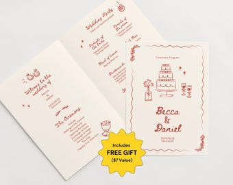 Puede incluir: Un programa de ceremonia de boda con texto rojo sobre un fondo crema. El programa incluye los nombres Becca y Daniel, la fecha 2025.06.28 y la ubicación Vancouver. El programa también incluye un dibujo de un pastel de bodas, dos copas de vino y un ramo de flores.