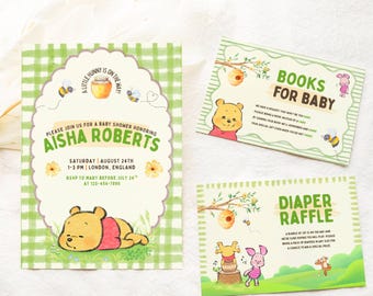 Winnie the pooh baby shower invitation pooh bear invite hundred acre wood diaper raffle card books for baby insert teddy bear party invite