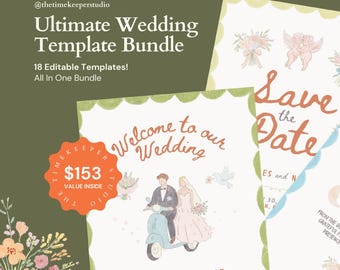 Whimsical Wedding Bundle Template, All In One Signage Bundle, Cute Wedding Invitation Kit, Fun Hand-Drawn Stationery, Wedding Sign Templates
