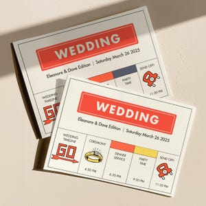 Modèle de programme de mariage de jeu de société Chronologie de la cérémonie sur le thème du monopole Programme de mariage modifiable unique, ordre de service Modèle de toile amusante