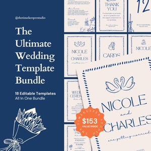Plantillas elegantes para paquetes de bodas, señalización elegante para bodas, papelería moderna vintage para bodas, plantilla minimalista de Canva para bodas.