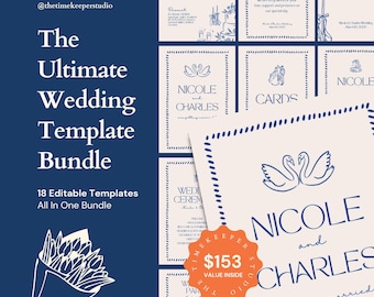 Elegant Wedding Bundle Templates, Classy Wedding Signage, Modern Vintage Wedding Day Stationery Signs, Minimalistic Wedding Canva Template