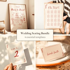 Plantilla de paquete de boda editable, letrero de bienvenida vintage dibujado a mano, plano de asientos, números de mesa, tarjetas de lugar, recepción de boda caprichosa Canva