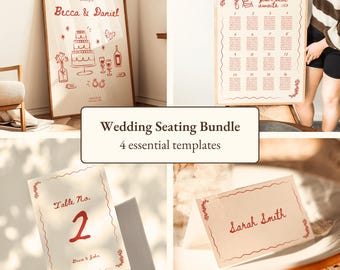 Wedding Bundle Template Editable Vintage Hand-Drawn Welcome Sign Seating Chart Table Numbers Place Cards Whimsical Wedding Reception Canva