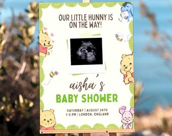Winnie the pooh baby shower welcome sign sonogram template our little hunny sign 100 acre wood decor teddy bear baby party entrance board