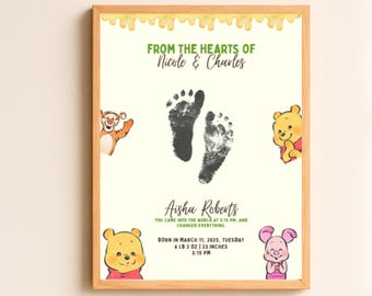 Winnie the Pooh baby footprint birth announcement poster personalized newborn keepsake nursery wall art cute Pooh bear gift for new moms