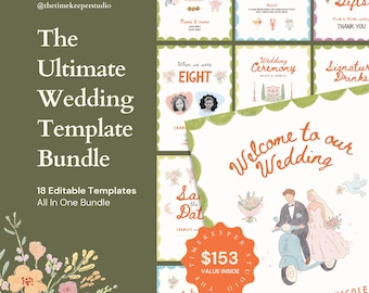 Fun Wedding Bundle Template, All In One Signage Bundle, Wedding Invitation Kit, Whimsical Stationery, Hand-Drawn Wedding Sign Templates
