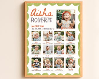 First birthday milestone poster baby photo collage 1st birthday keepsake baby milestone board editable first year sign unique baby wall art