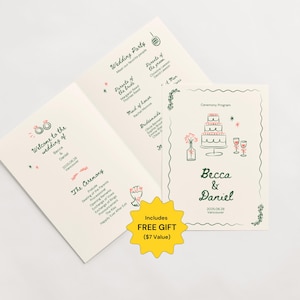 Sjabloon bruiloft programma geïllustreerd grillige ceremonie kaart moderne boho handgetekende volgorde van dienst gevouwen huwelijksceremonie programma Canva
