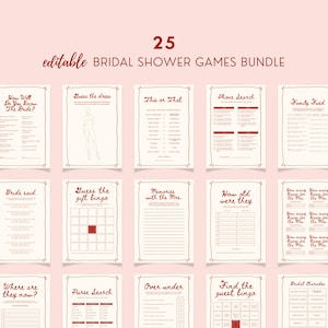 May include: A set of 25 printable bridal shower game cards with red and white text on a cream background. The games include "How Well Do You Know The Bride?", "Guess the Dress", "This or That", "Phone Search", "Family Feud", "Bride Said", "Guess the Gift Bingo", "Memories with the Mrs.", "How Old Were They", "How Many Kisses for the Mrs.", "Where Are They Now?", "Over Under", "Purse Search", "Find the Guest Bingo", and "Bridal Charades".