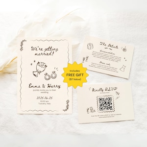 Ensemble de faire-part de mariage Code QR Modèles modifiables dessinés à la main Suite de mariage manuscrite fantaisiste avec carte de renseignements RSVP Design moderne Toile