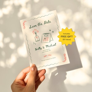 Modèle "Retenez la date" unique, invitation de mariage fantaisiste dessinée à la main, faire-part de mariage imprimable, papeterie de mariage unique mignonne, conception sur toile