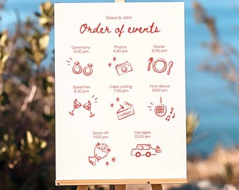Modello unico per l'ordine degli eventi del matrimonio, cartello con cronologia illustrata disegnata a mano, cronologia del matrimonio personalizzata, cartello divertente per la pianificazione di eventi, stampabile su Canva