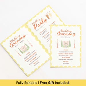 Gefaltete Hochzeitsprogramm-Vorlage, Handgezeichnete Zeremonie-Order of Events-Karte, Buntes Brautparty-Layout, Einzigartige Boarder-Illustration