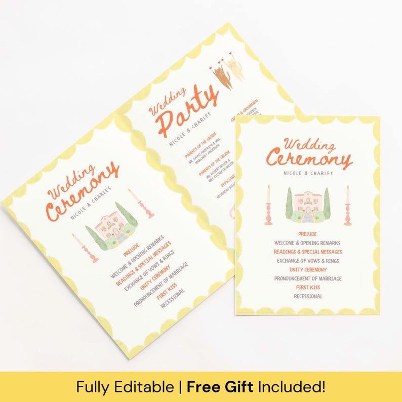 Folded Wedding Program Template, Hand Drawn Ceremony Order of Events ...