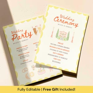 Plantilla colorida de programa de boda, tarjeta de ceremonia original dibujada a mano, orden del servicio en tonos pastel, programa de ceremonia de boda único y editable