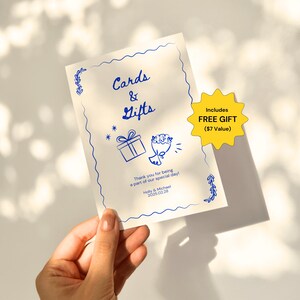 Letrero de tarjetas y regalos para la mesa de bodas Plantilla de señalización de bodas editable Linda decoración de boda caprichosa dibujada a mano Lindo diseño de Canva imprimible