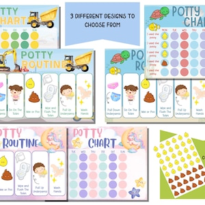 May include: Three different potty training charts with a choice of themes: construction, ocean, and unicorn. Each chart includes a daily reward chart and a routine checklist with illustrations of a child using the toilet. The charts come with reusable wee and poo stickers.