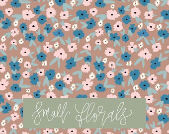 May include: A seamless pattern featuring small pink, blue, and white flowers on a light brown background. The text "Small Florals" is written in white cursive on a green rectangle.