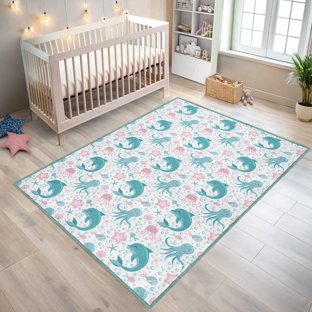 Sea Creatures Dolphin Nursery Rug-octopus Toddler Carpet-starfish ...