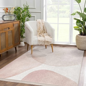 Soft Pink Blush Area Rug-Pastel Slip Free Rug-Aesthetics Washable Office Rug-Warm Pastel Tent Rug-White Floor Art Mat-Luxury Interior Carpet