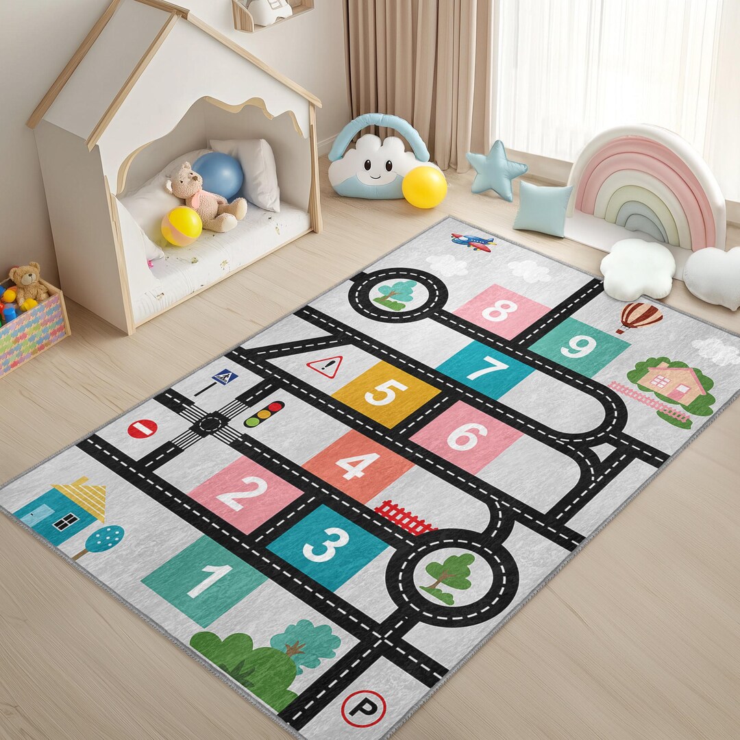 Beige City Life Infant Play Rug -hopscotch Non Slip Nursery Carpet ...