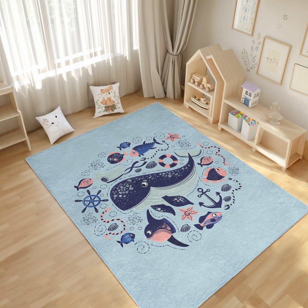 Blue Whale Infant Play Rug - Ocean Non Slip Nursery Carpet - Sea ...
