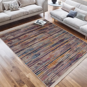 Colorful Striped Area Rug For Living Room - Rainbow Washable Throw Rug - Bohemian Runner - Pop of Color Anti Slip Carpet-Pink Mat-Accent Rug