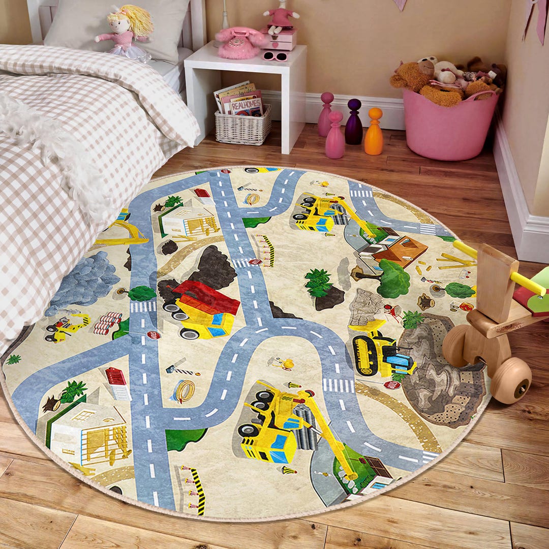 Building Children Room Round Rug - Brown Construction Circle Carpet ...