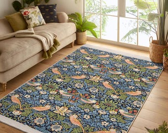Strawberry Thief Area Rug -William Moris Blue Gothic Carpet - Bird Bush Art Antislip Mat-Hydrangea Washable Rug- Artisan Blue Doorway Runner