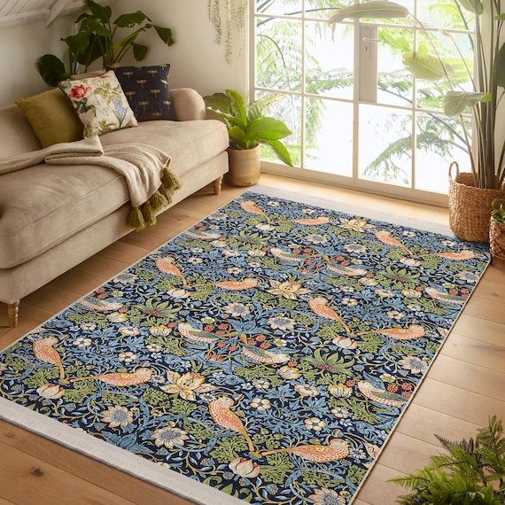 Strawberry Thief Area Rug -william Moris Blue Gothic Carpet - Bird