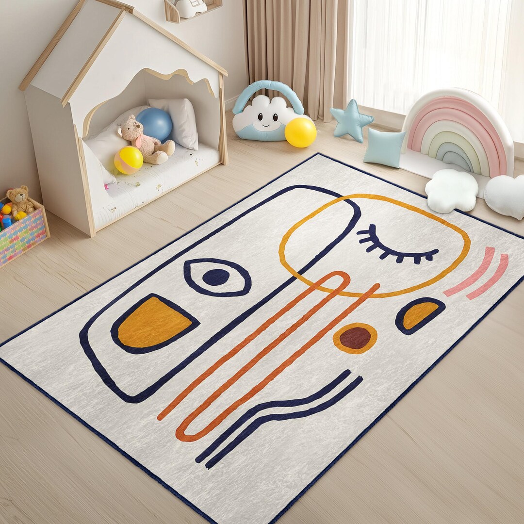 Beige Abstract Infant Play Rug -minimalist Non Slip Nursery Carpet ...