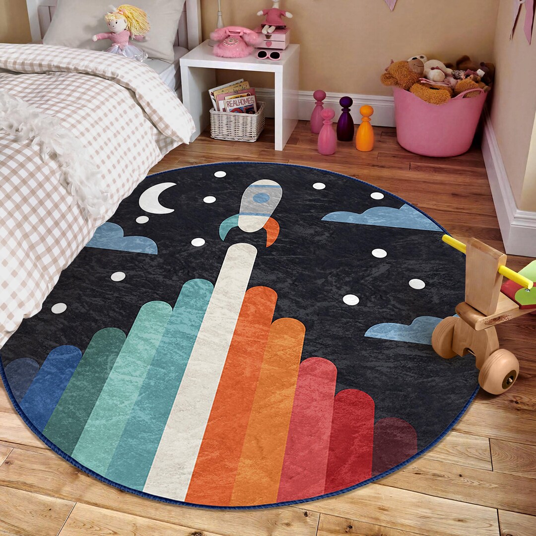 Moon Children Room Round Rug - Black Space Shuttle Circle Carpet ...