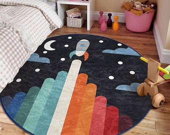 Moon Children Room Round Rug - Black Space Shuttle Circle Carpet - Clouds Nursery Oval Rug - Dotted Rocket Universe Washable CircularPlaymat