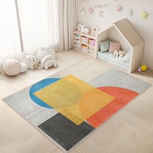 Abstract Crawling Rug - Beige Mat - Geometric SkidProof Carpet for Kids -Overlay Toddler Runner-Striped Playroom Rug-Colorful Tammy Time Mat