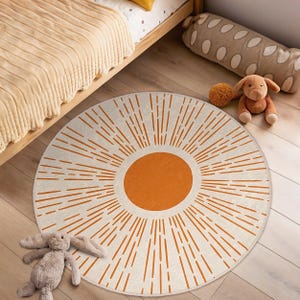 Minimaler runder Teppich für Kinderzimmer - Beige Sunburst-Kreisteppich - Moderner ovaler Teppich - Strandy Küsten-rustikaler waschbarer runder Spielteppich