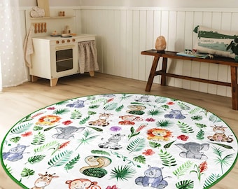 Animals Round Kids Room Rug - White Jungle Circle Tammy Time Carpet - Lion Infant Area Rug - Pastel Elephant Washable Playmat - Leafy Rug