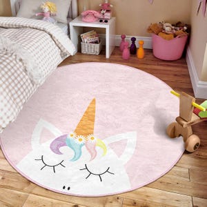 Unicorn Round Nursery Area Rug - Pink Princess Circle Newborn Carpet - Pony Baby Crawling Rug - Floral Daisy Washable Kindergarden Mat