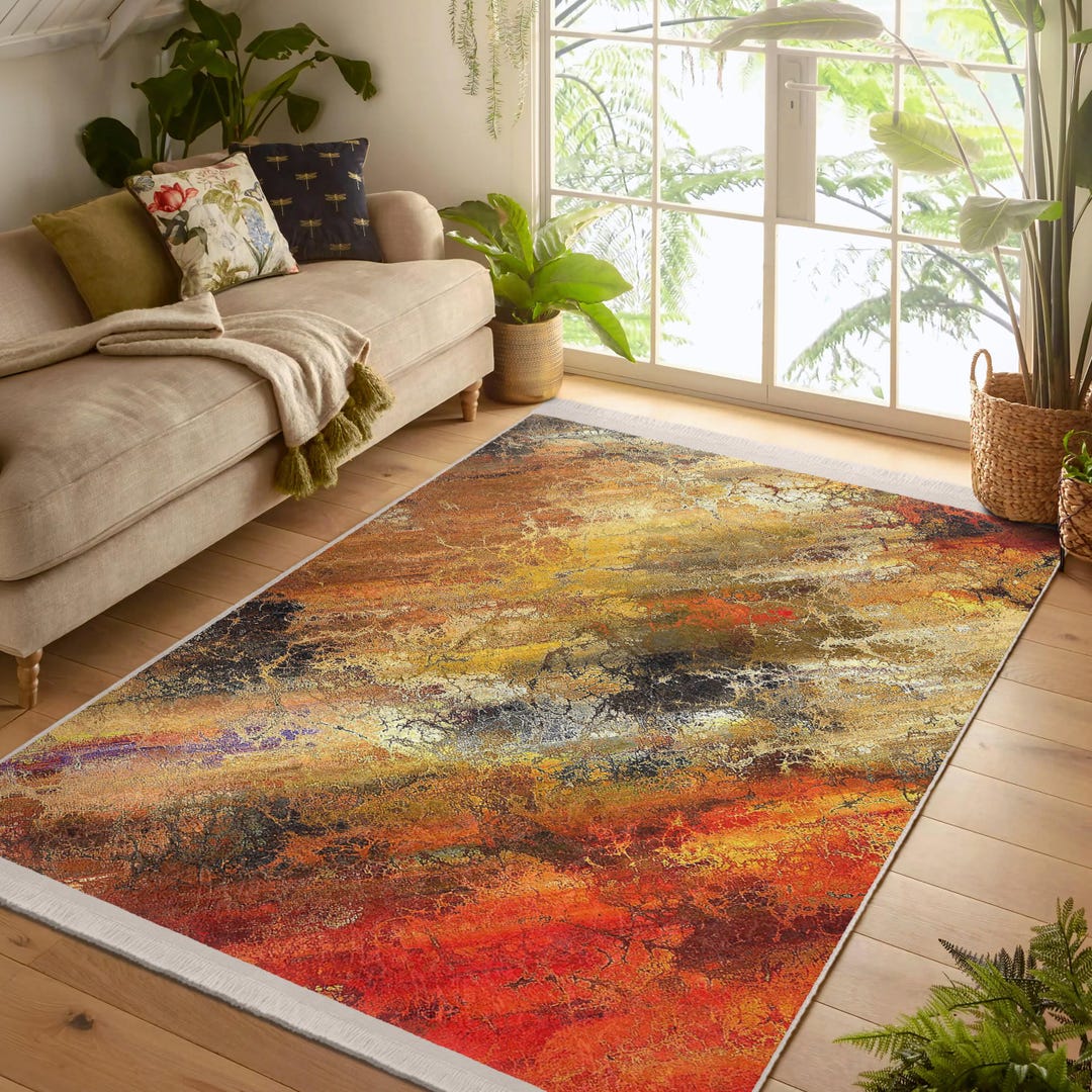 Abstract Chaotic Accent Rug - Sunset Non Slip Area Rug -fire Tones ...