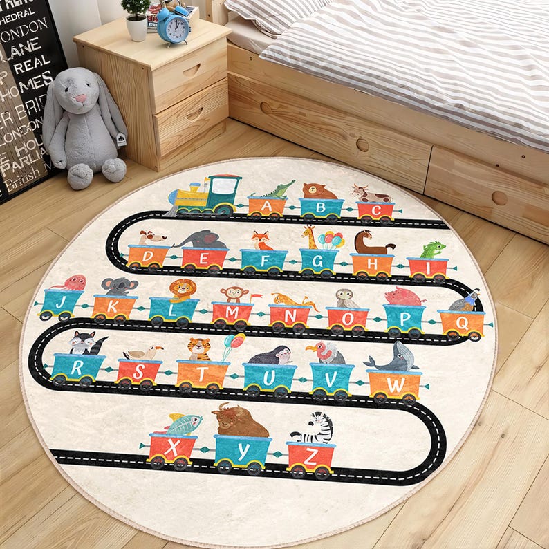 Classroom Train Rug Alphabet ABC Kids Room Round Rug - Beige Train Circle Carpet - Letters ...