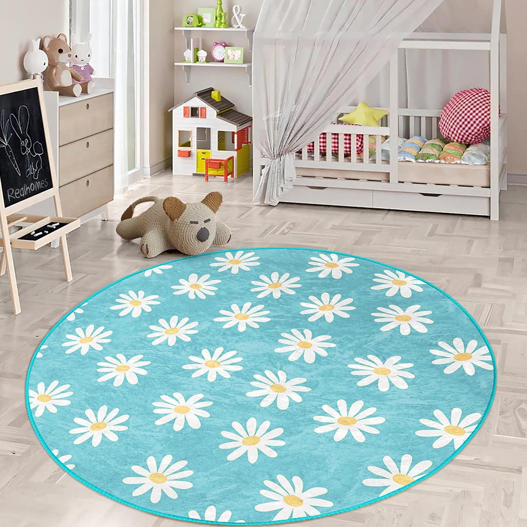Plain Children Room Round Rug - Blue Daisy Circle Carpet - Floral ...