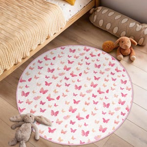 Pink White Butterfly Kids Room Round Rug - Baby Girl Pink Circle Carpet - Cute Nursery Oval Rug - Pastel Girl Washable Circular Antislip Mat