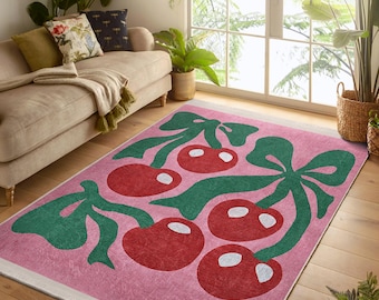 Ribbon Cherry Bow Area Rug-Abstract NonSlip Rug-Tasty Funky Washable Throw Rug-Fruit Cute Vibe Runner-Pink Hallway Mat-Fancy Interior Carpet