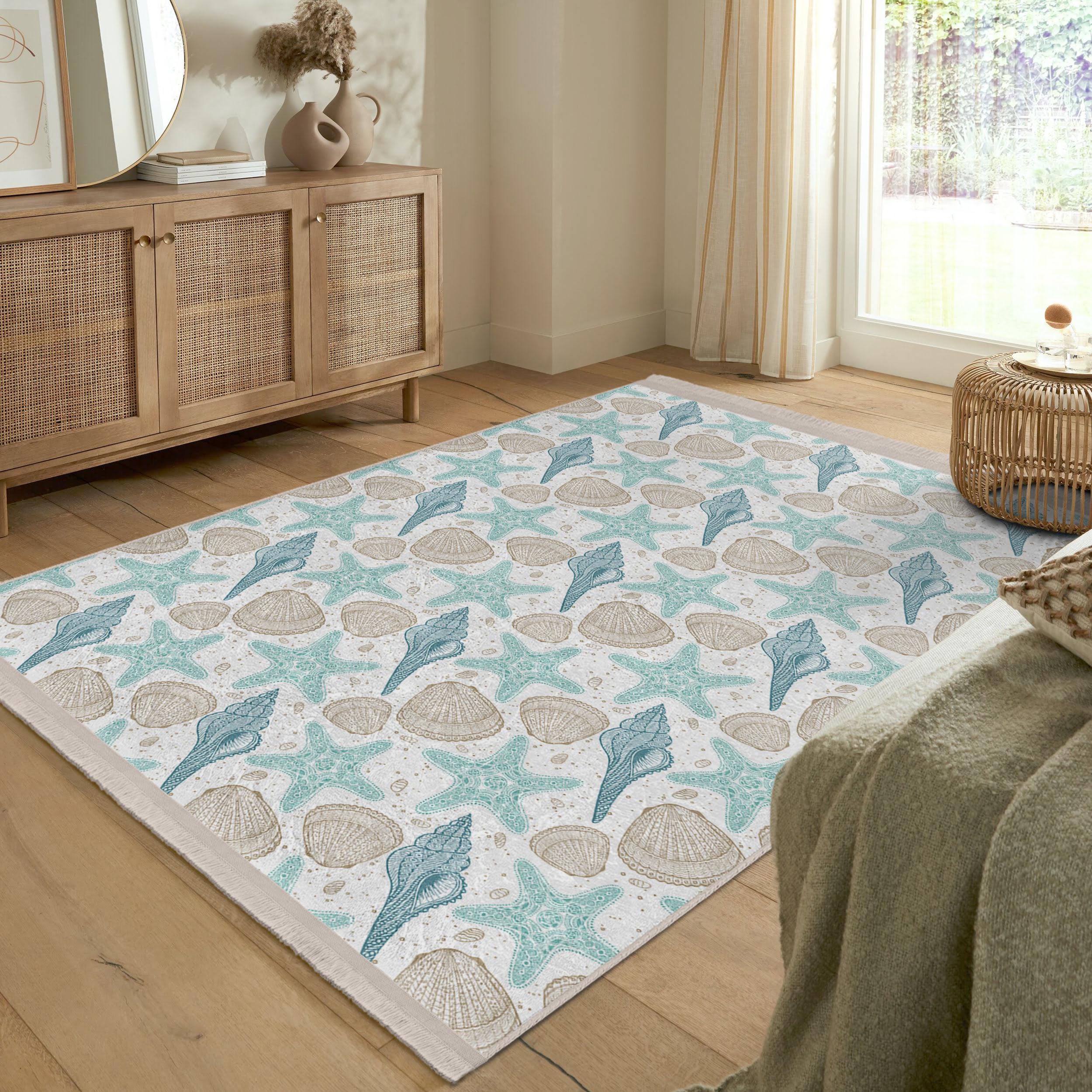 Sea Shell Patern Rug Seashell Starfish Area Rug - Sea Life Carpet-aqua Runner - Coastal ...
