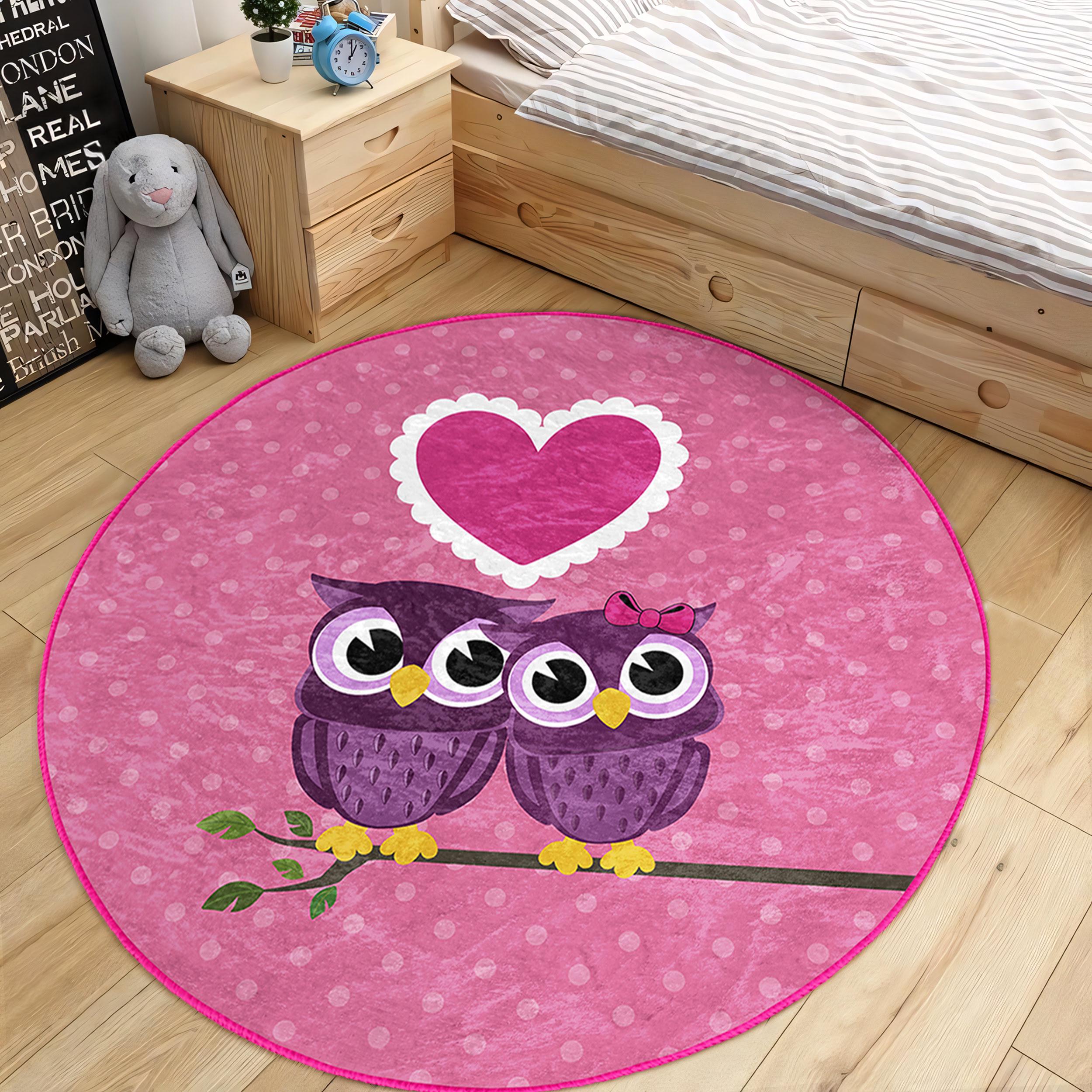 Cute Owls Kid's Room Round Rug - Pink Heart Circle Carpet - Animal Nursery Oval Rug - Girl Baby