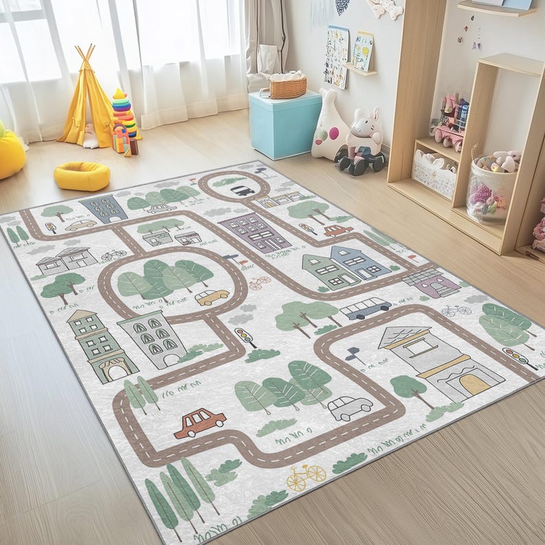 City Life Driving Car Crawling Rug - Skyscaper Beige Tammy Time Carpet ...