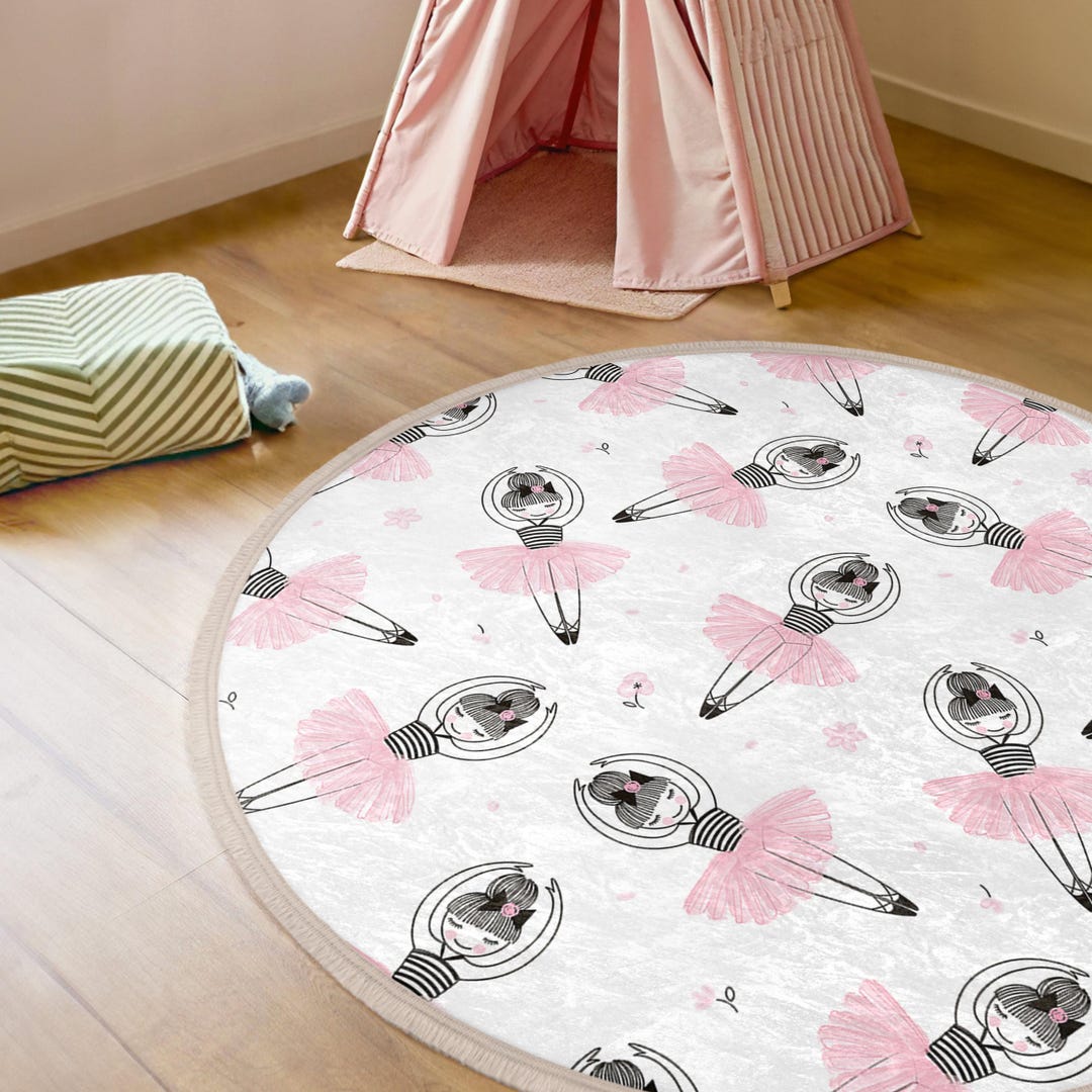 Ballerina Round Kids Room Rug - Pink Dancing Circle Tammy Time Carpet ...