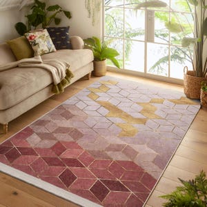 Geometric 3D Accent Rug - Cubic Washable Carpet -Gold Runner-Isometric Skid Proof Floor Mat-Pink Elegant Throw Rug-Fringed Area Rug For Home