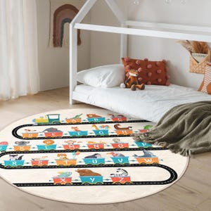 Classroom Train Rug Alphabet ABC Kids Room Round Rug - Beige Train Circle Carpet - Letters ...